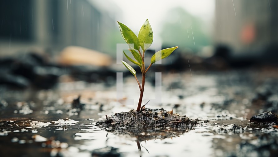 Green seedling growing on wet asphalt with rain drops. Nature concept