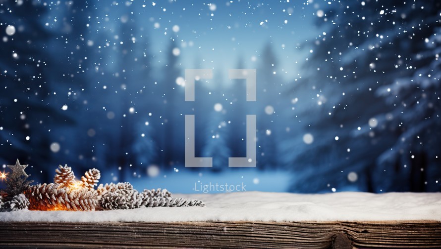 Christmas background with fir tree, pine cones and snowflakes.