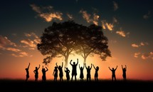 Silhouette of group of people dancing under tree in the sunset
