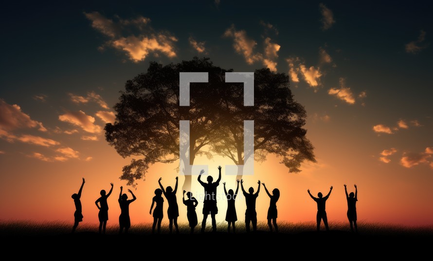 Silhouette of group of people dancing under tree in the sunset
