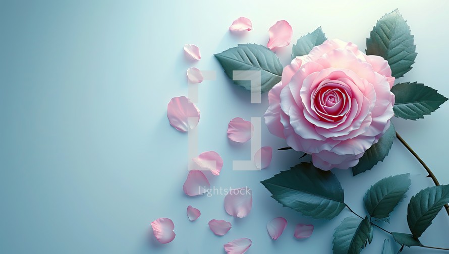  A Pink Rose with Petals Scattered on a Light Blue Background