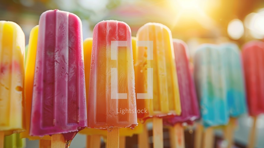 Assortment of Colorful Frozen Popsicles on Sticks, Refreshing Summer Treats