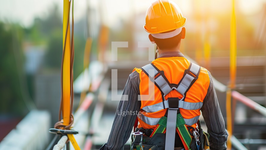 Rear view of a male construction worker wearing safety helmet and safety vest.