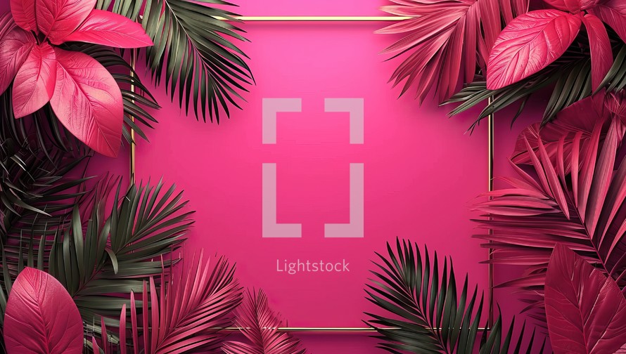 Tropical palm leaves on pink background