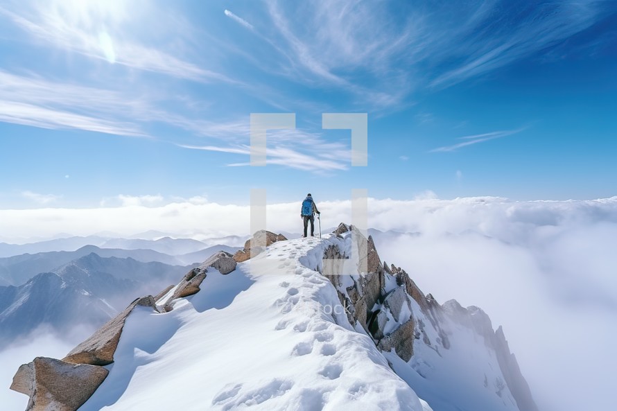 Hiker on the top of the mountain in winter. Landscape with snow and blue sky.