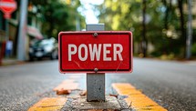Red street sign indicating power