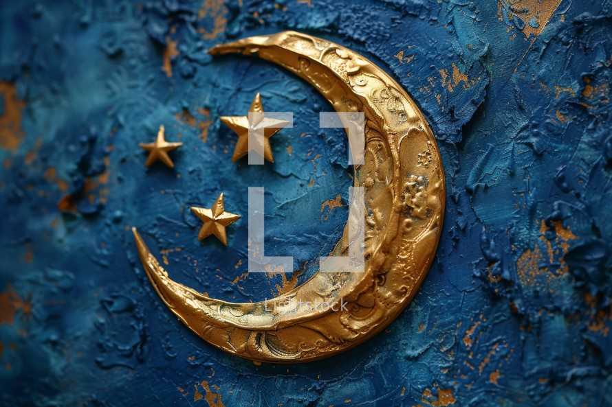 Golden crescent moon and stars on blue textured background. Ramadan Kareem concept