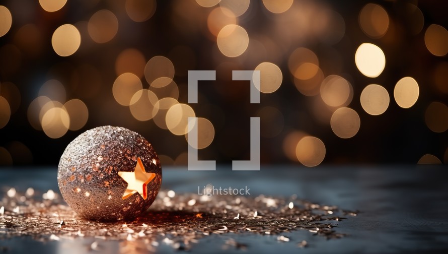 Christmas and New Year background. Glittering Christmas ball on bokeh background