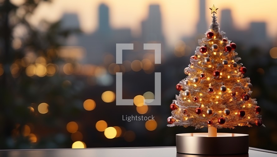 Christmas tree with bokeh lights on blurred city background.