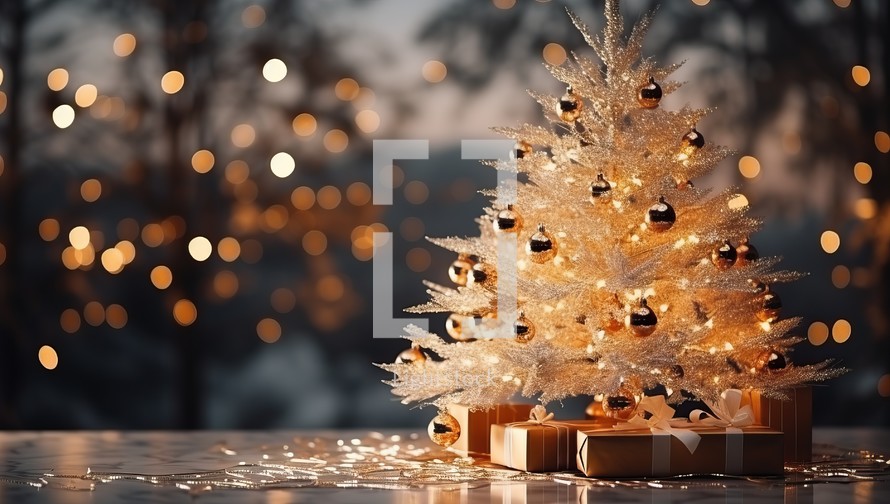 Christmas tree and gifts on wooden table with bokeh background.