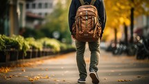 Man Walking on Autumn Street with Backpack
