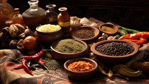 Spices and herbs on the table. Food and cuisine ingredients.