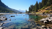 Panoramic view of a mountain river with clear water and blue sky