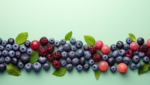 Blueberries and raspberries with mint leaves on a green background