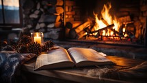 Cozy Winter Evening with Book and Fireplace