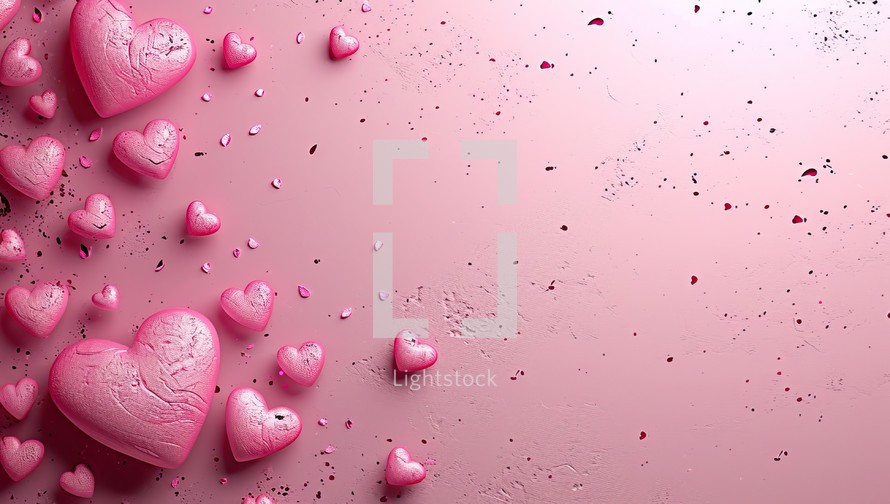 Valentine's day background with pink hearts and confetti on pink background