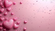 Valentine's day background with pink hearts and confetti on pink background