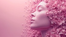 Face of woman with pink flowers on pink background. 