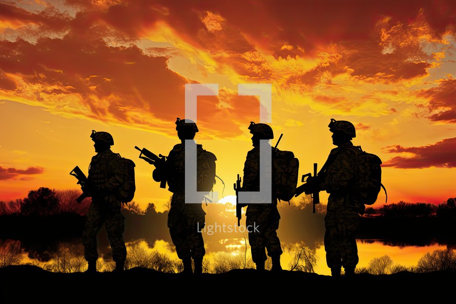 Silhouette of soldiers on the background of the setting sun.