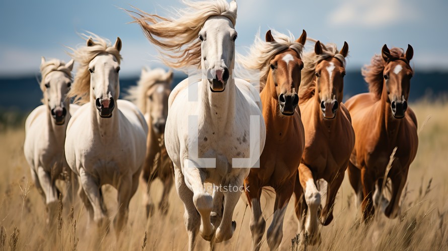 Herd of horses running free in a field of wheat in summer