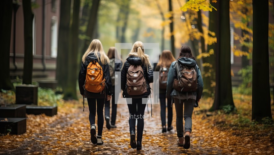 Group of young women with backpacks walking through the autumn park.