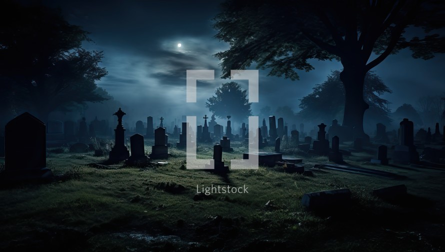 Gravestones in the old cemetery at night. Halloween concept.