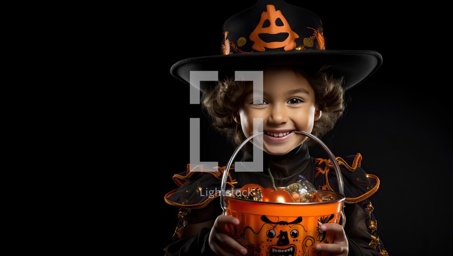 Little boy in costume of witch with bucket of candies for Halloween
