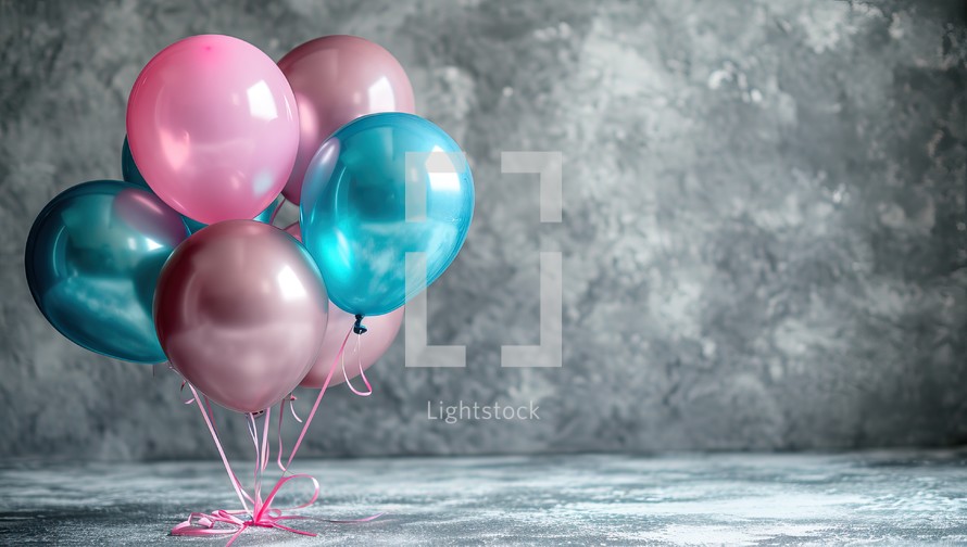 Colorful balloons on grey concrete background with copy space for your text