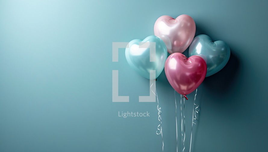 Valentine's day background with heart shaped balloons on blue wall