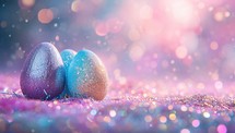 Easter eggs on glitter background with bokeh lights and copy space