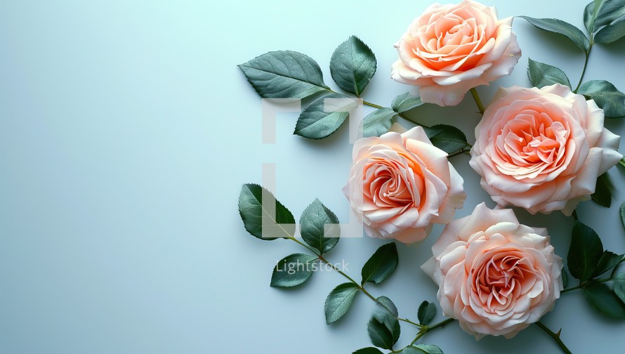 Roses on light blue background, flat lay. Space for text