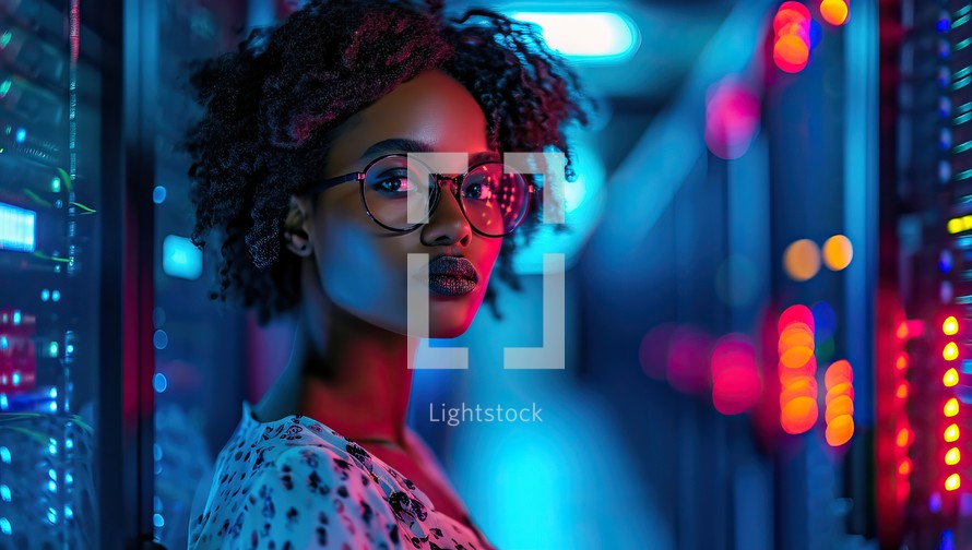 African American woman in glasses standing in data center