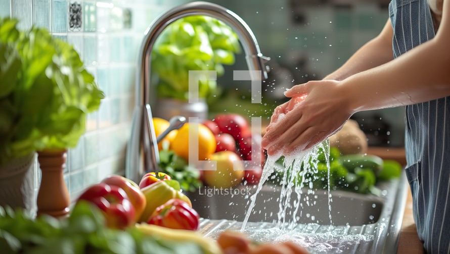 Woman washing fresh vegetables in kitchen sink