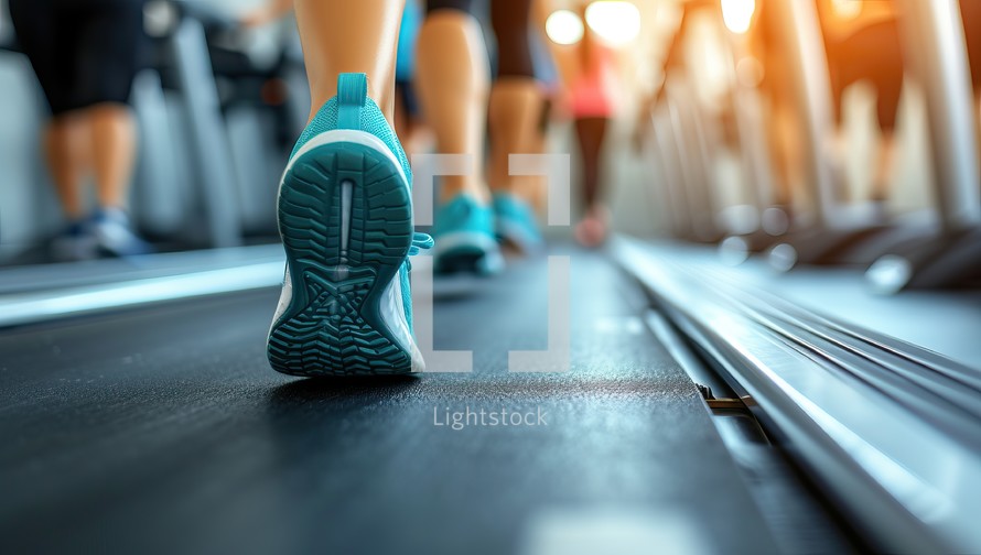 Fitness woman running on treadmill in gym. Close up of female legs.