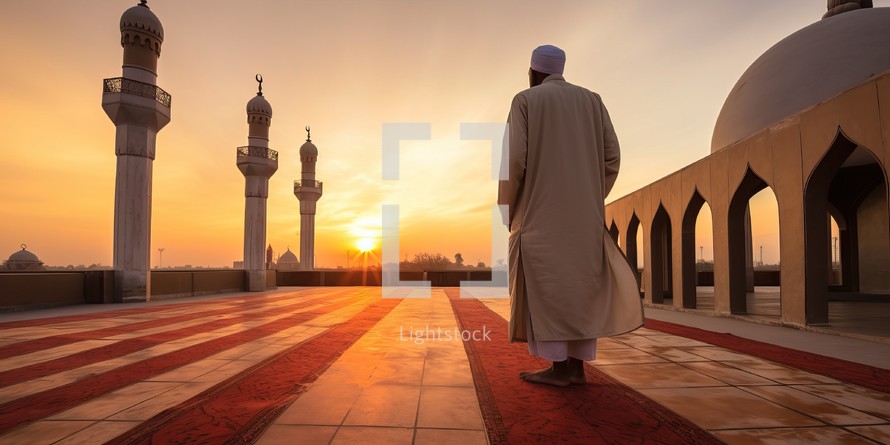Man walking in front of Mosque at sunset