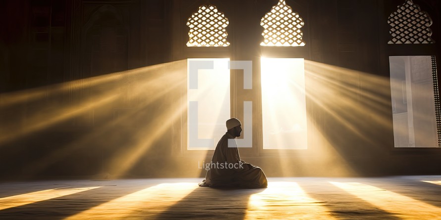 Muslim man praying in the mosque with rays of light coming through the window
