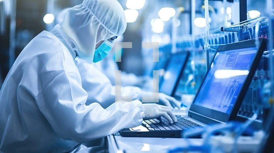 Scientist working on laptop computer in laboratory, science research and development concept