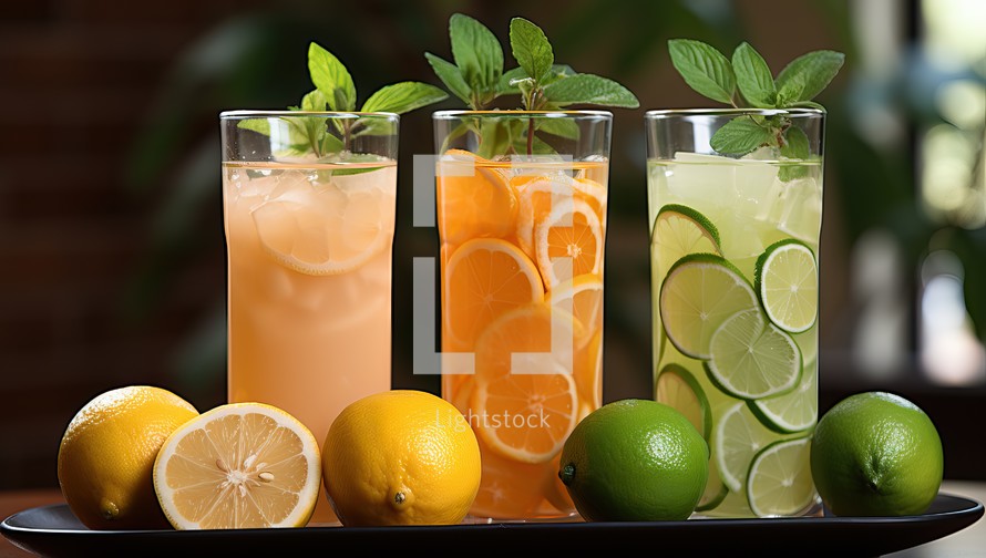 Refreshing summer drinks with lime, orange, lemon and mint