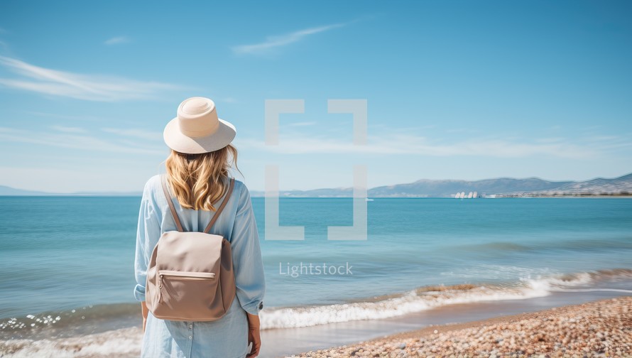 Back view of young woman in hat looking at sea on a sunny day