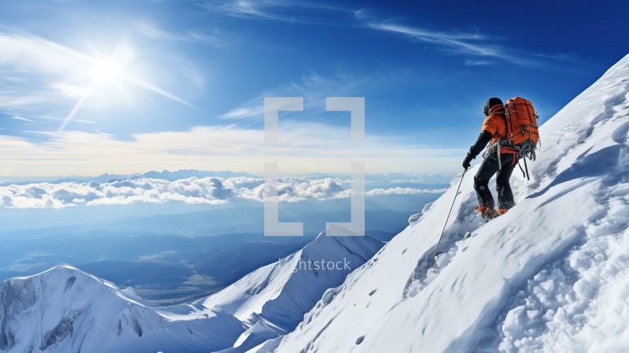Climber with backpack and snowshoes on the background of mountains