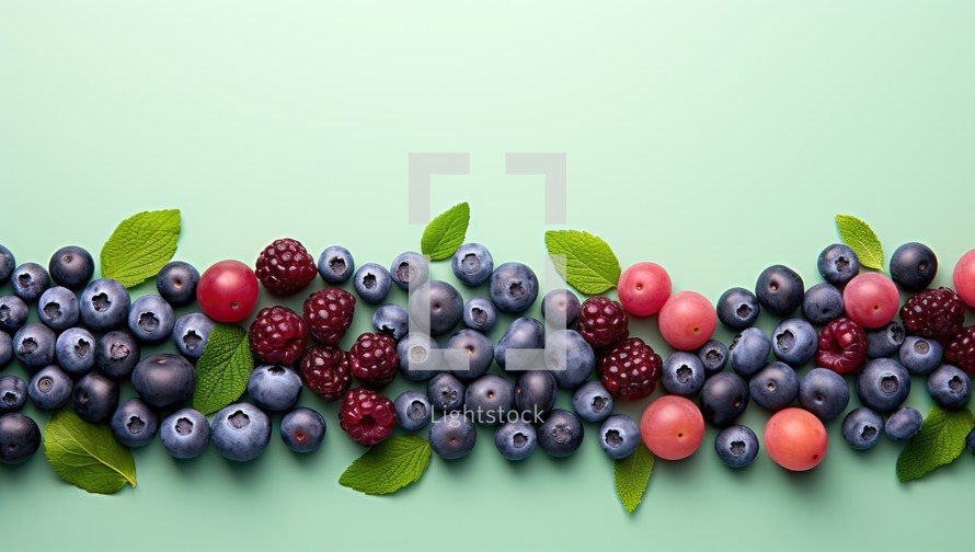 Blueberries and raspberries with mint leaves on a green background