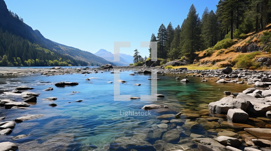 Panoramic view of a mountain river with clear water and blue sky