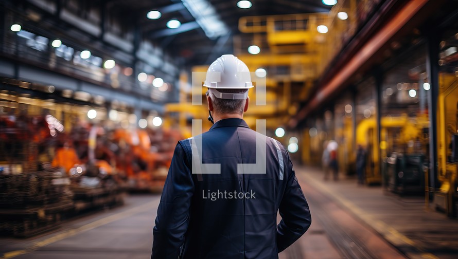 Rear view of engineer in safety helmet standing at factory. Industrial background