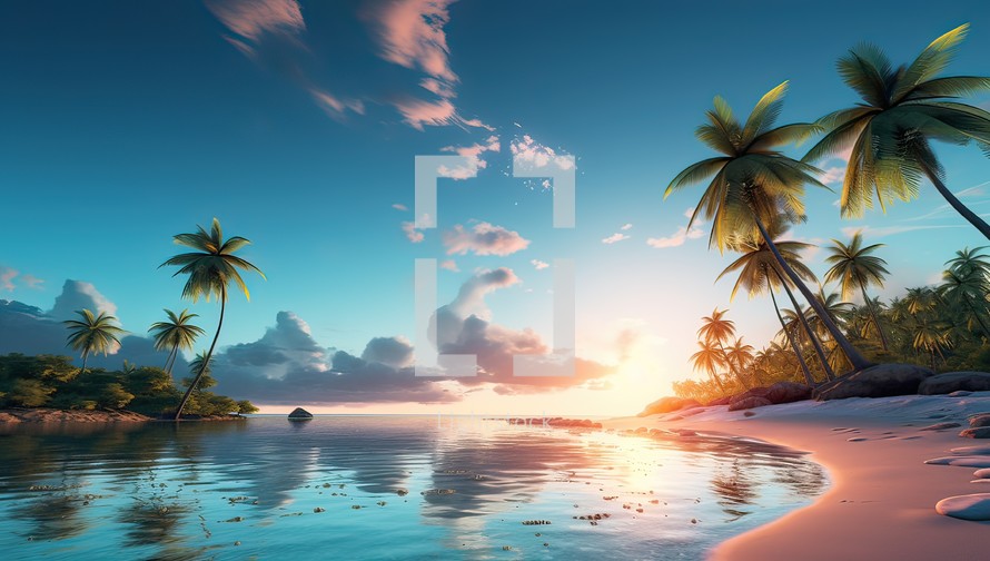 Tropical beach with palm trees at sunset.
