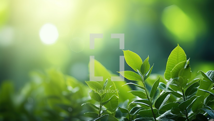 Closeup of fresh green leaves on blurred nature background with sunlight.