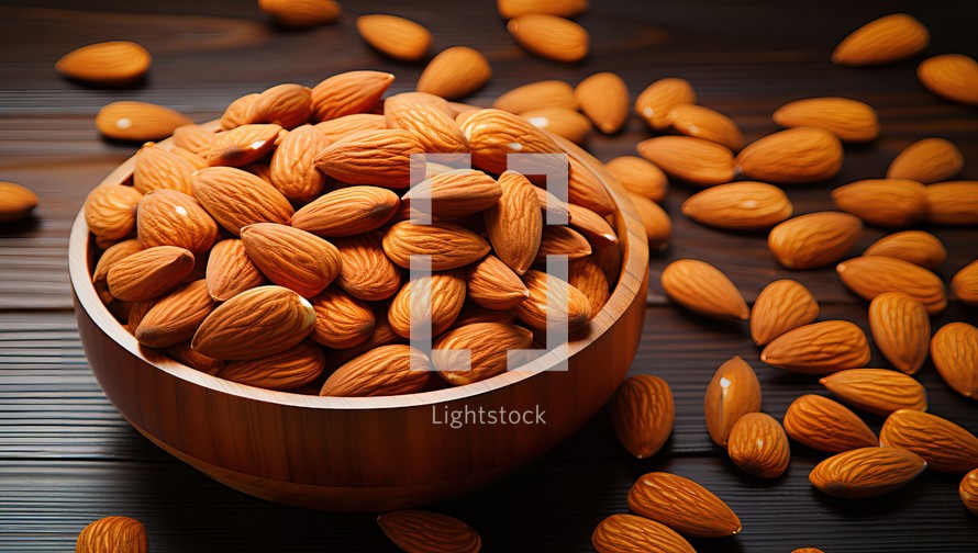 Almond nuts in a wooden bowl on a dark wooden background.