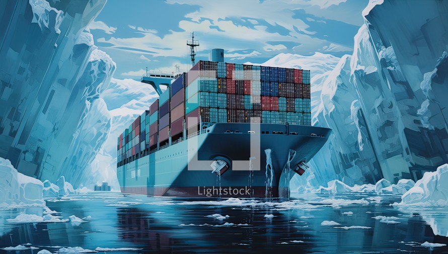 big container ship in ice sea. Global warming concept