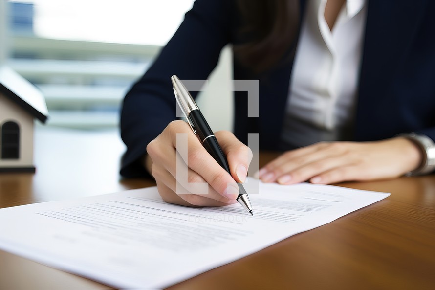 Close-up businesswoman signing contract at desk in office