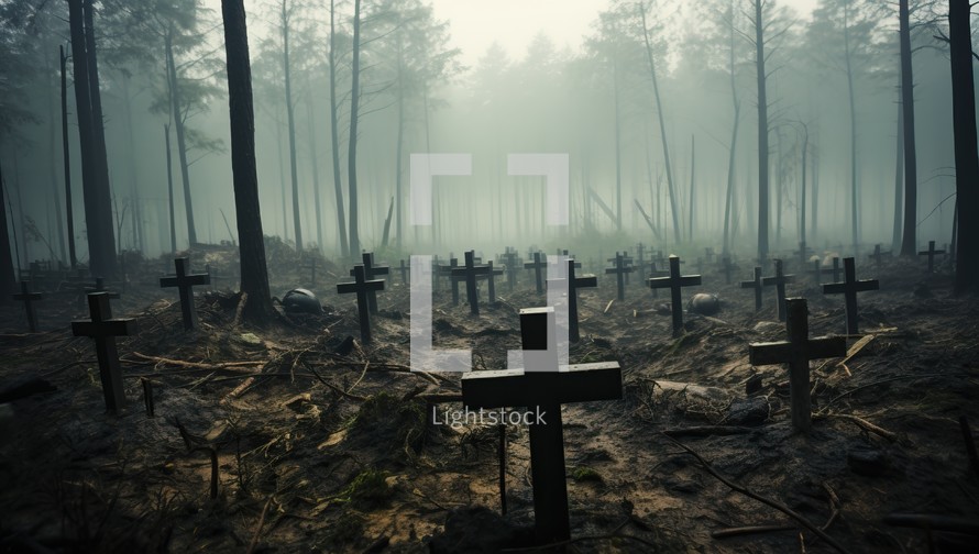 Spooky Crosses in a Foggy Forest