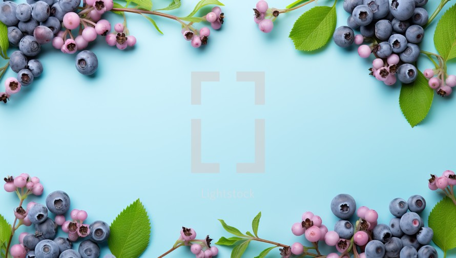 Fresh Blueberries and Pink Berries on Solid Blue Background